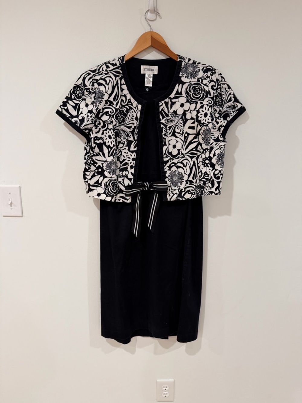 Black Work Dress with Ribbon Tie & Black & White Floral Jacket